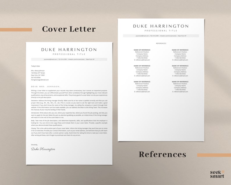 May include: A cover letter template with the title "Cover Letter" and a references template with the title "References". Both templates feature the name "Duke Harrington" and a professional title.