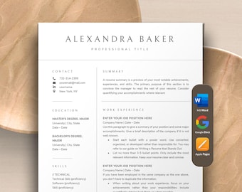 Resume Template, Professional Resume Template Google Docs, Word, Apple Pages | Modern Resume, Minimalist Resume, Executive Clean CV Template