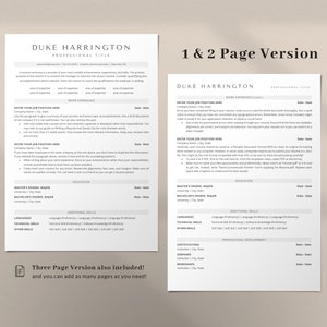 May include: A two-page resume template with a modern, minimalist design. The template features a clean layout with headings for work experience, education, and additional skills. The template is designed to be easily customized with your own information.
