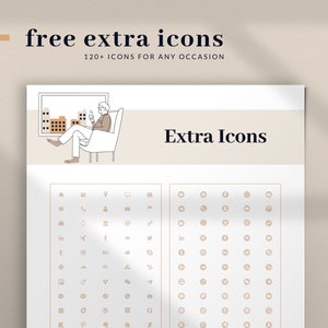 May include: A sheet of paper with a collection of 120+ free extra icons. The icons are organized in rows and columns. The icons are in a simple, minimalist style. The text "free extra icons" and "120+ icons for any occasion" is at the top of the sheet. The text "Extra Icons" is in the middle of the sheet. The text "seek smart" is at the bottom of the sheet.