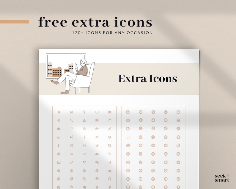 May include: A sheet of paper with a collection of 120+ free extra icons. The icons are organized in rows and columns. The icons are in a simple, minimalist style. The text "free extra icons" and "120+ icons for any occasion" is at the top of the sheet. The text "Extra Icons" is in the middle of the sheet. The text "seek smart" is at the bottom of the sheet.