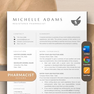 May include: A black and white resume template for a registered pharmacist. The template includes sections for contact information, education, work experience, and expertise. The template also includes a summary section where the candidate can highlight their skills and experience.