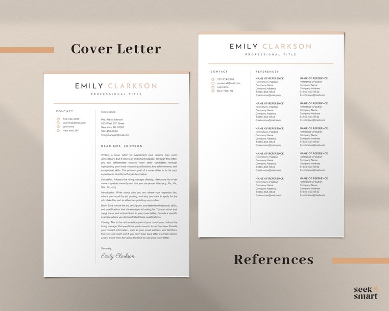 May include: A cover letter and references page template for a job application. The cover letter is addressed to Mrs. Johnson and the references page lists contact information for several references.