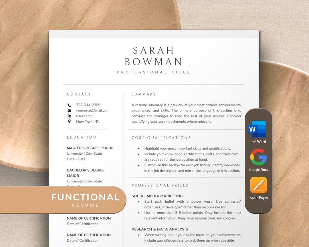 Functional Resume Template Word, Google Docs, Apple Pages Mac | Skills ...