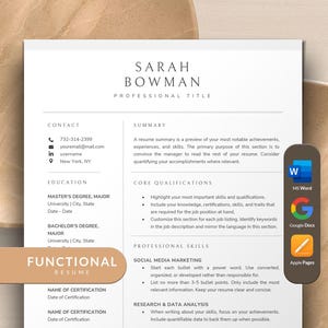 Puede incluir: Una plantilla de currículum funcional con un diseño moderno. La plantilla incluye secciones para información de contacto, educación, cualificaciones principales, habilidades profesionales y investigación y análisis de datos. La plantilla está diseñada para ser utilizada con Microsoft Word, Google Docs y Apple Pages.