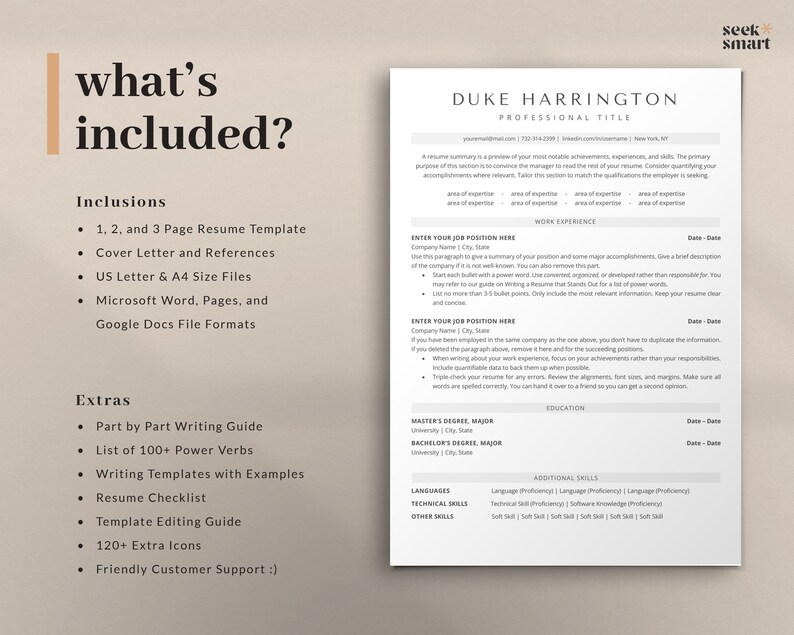 May include: A resume template with a modern design, featuring a white background with black text. The template includes sections for work experience, education, and additional skills. The text "what's included?" is displayed in a large font at the top of the page. The template includes a cover letter, references, and various file formats.