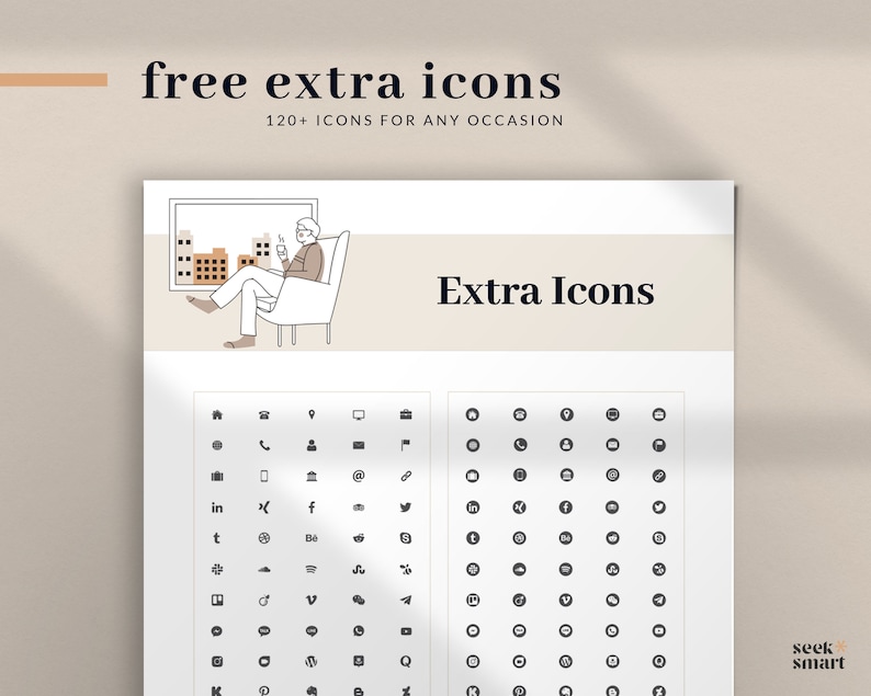 May include: A black and white graphic with over 120 icons for social media, technology, and other common symbols. The text "free extra icons" and "120+ icons for any occasion" is at the top of the graphic. The text "Extra Icons" is in the center of the graphic.