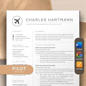 May include: A black and white resume template featuring a plane icon in the top left corner. The text "CHARLES HARTMANN" is in a large font at the top of the page. The resume includes sections for contact information, ratings and certifications, flight experience, and training and education. The resume is designed for use by a pilot.