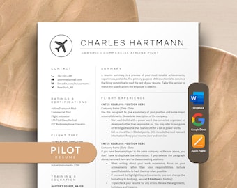 Plantilla de currículum de piloto para aviación, plantilla de currículum de piloto/asistente de vuelo para aviación profesional Word, Google Docs, Apple Pages