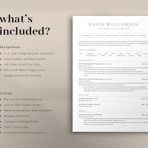 May include: A white and gray resume template with the text "what's included?" and a list of items included in the template. The template is designed for software engineers and includes sections for areas of expertise, work experience, education, and projects. The text "seek smart" is in the upper right corner of the page.