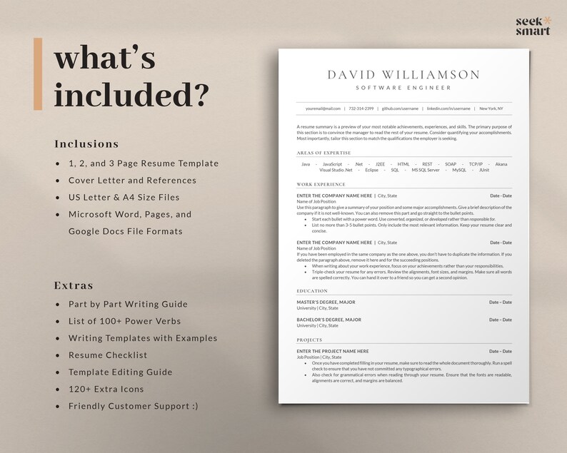 May include: A white and gray resume template with the text "what's included?" and a list of items included in the template. The template is designed for software engineers and includes sections for areas of expertise, work experience, education, and projects. The text "seek smart" is in the upper right corner of the page.