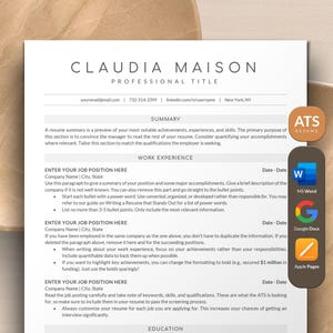 May include: A resume template with a modern design. The template includes sections for a summary, work experience, education, and skills. The template also includes icons for Microsoft Word, Google Docs, and Apple Pages.