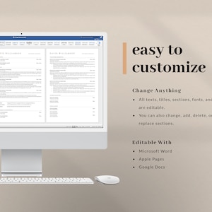 May include: A computer screen displaying a resume template with the text "DAVID WILLIAMSON" at the top. The text "easy to customize" is displayed on the right side of the screen. The text "Change Anything" and "Editable With" are listed below the text "easy to customize". The text "All texts, titles, sections, fonts, and colors are editable." is listed below "Change Anything". The text "You can also change, add, delete, or replace sections." is listed below the previous text. The text "Editable With" is listed below the previous text. The text "Microsoft Word", "Apple Pages", and "Google Docs" are listed below "Editable With". The text "seek smart" is displayed in the bottom right corner of the image.
