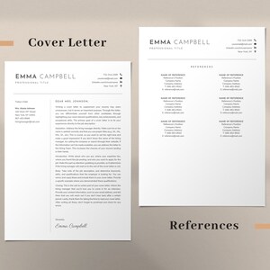 K&ouml;nnte beinhalten: Ein schwarz-wei&szlig;es Anschreiben und eine Referenzseite f&uuml;r Emma Campbell. Das Anschreiben ist an Frau Johnson gerichtet und enth&auml;lt eine professionelle Anrede und einen Schluss. Die Referenzseite listet die Namen, Titel und Kontaktinformationen von vier Referenzen auf.