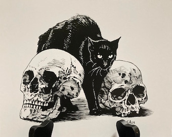 Black Cat and Skulls 8x10 Print