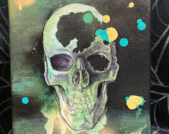 8x8 Green and Yellow Skull Collage Painting