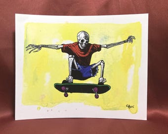 Skeleton Skateboarder 8x10 Original Art Print