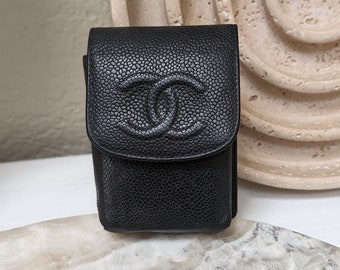 Vintage CHANEL sigarettenkoker kaviaar kalfshuid tabak zwart leer