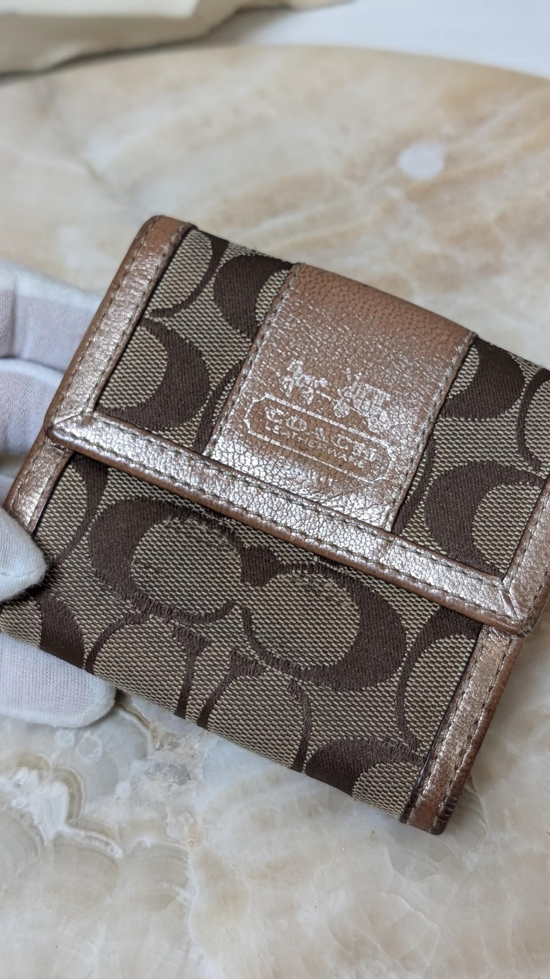Buy Vintage Coach Brown Glitter Logo Tri-fold Wallet Online in 