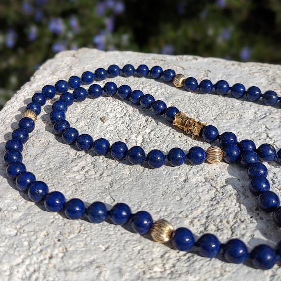 Antique Lapis Lazuli 14K Solid Yellow Gold Beaded… - image 5