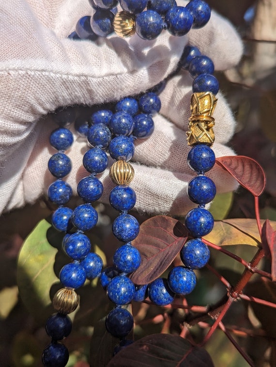 Antique Lapis Lazuli 14K Solid Yellow Gold Beaded… - image 2