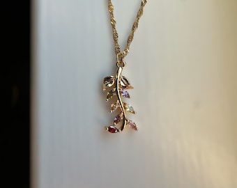 Dainty Gold Branch Necklace CZ, Leaf Vine Pendant, Minimal Nature Jewelry Gift, Mother's Day
