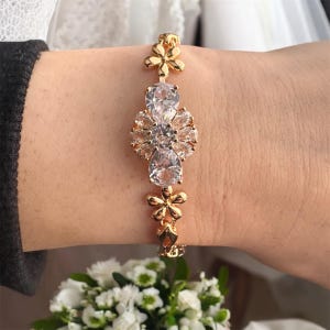 Dainty Bridal Bracelet, Cubic Zirconia Bracelet, Gold Wedding, Flower Bracelet, Gift for Her, Floral Jewelry, Gold Bracelet, Tennis Bracelet
