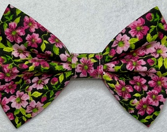 Dog Bow Tie, Soft Pink Floral on Black, Lime Green Leaves