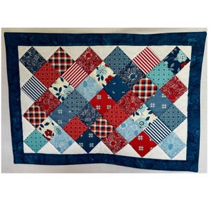Patriotic Floral Table Runner Blue Border