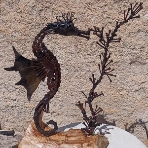 Può includere: Scultura artigianale di un cavalluccio marino in metallo con finitura marrone scuro. Il cavalluccio marino è realizzato con parti metalliche e catene riciclate, con una pinna e una coda stilizzate. Montato su una base di legno naturale.