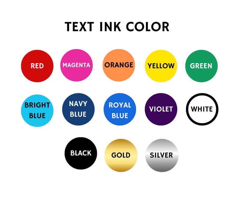 Peut inclure: Un tableau montrant diff&eacute;rentes couleurs d'encre pour le texte. Les couleurs incluent le rouge, le magenta, l'orange, le jaune, le vert, le bleu vif, le bleu marine, le bleu royal, le violet, le blanc, le noir, l'or et l'argent.