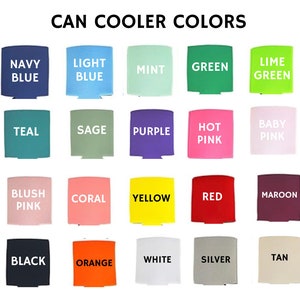 Peut inclure: Un tableau pr&eacute;sentant 20 couleurs diff&eacute;rentes pour les refroidisseurs de canettes. Les couleurs sont : bleu marine, bleu clair, menthe, vert, vert lime, sarcelle, sauge, violet, rose vif, rose p&acirc;le, rose poudr&eacute;, corail, jaune, rouge, marron, noir, orange, blanc, argent et beige.