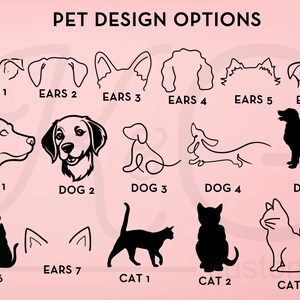 Peut inclure: Un tableau avec des illustrations en noir et blanc de diff&eacute;rentes races de chiens et de chats, y compris des oreilles, des t&ecirc;tes et des poses de corps entiers. Le tableau est intitul&eacute; "PET DESIGN OPTIONS" et comprend des &eacute;tiquettes pour chaque illustration, telles que "DOG 1", "CAT 2" et "EARS 3".