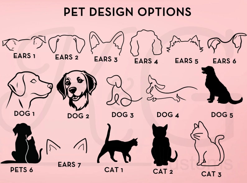 Peut inclure: Un tableau avec des illustrations en noir et blanc de diff&eacute;rentes races de chiens et de chats, y compris des oreilles, des t&ecirc;tes et des poses de corps entiers. Le tableau est intitul&eacute; "PET DESIGN OPTIONS" et comprend des &eacute;tiquettes pour chaque illustration, telles que "DOG 1", "CAT 2" et "EARS 3".