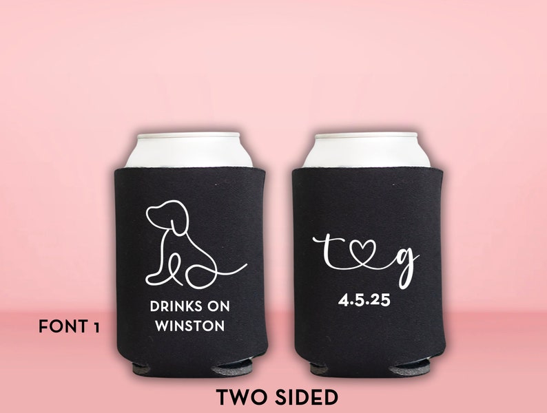 Peut inclure: Deux glaci&egrave;res noires et blanches. Un c&ocirc;t&eacute; pr&eacute;sente un dessin au trait d'un chien avec le texte "Drinks on Winston". L'autre c&ocirc;t&eacute; a le texte "t♡g 4.5.25".