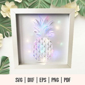May include: A white frame with a white background and a colorful pineapple design. The pineapple is made of paper and has a 3D effect. The frame is lit up with colorful lights.