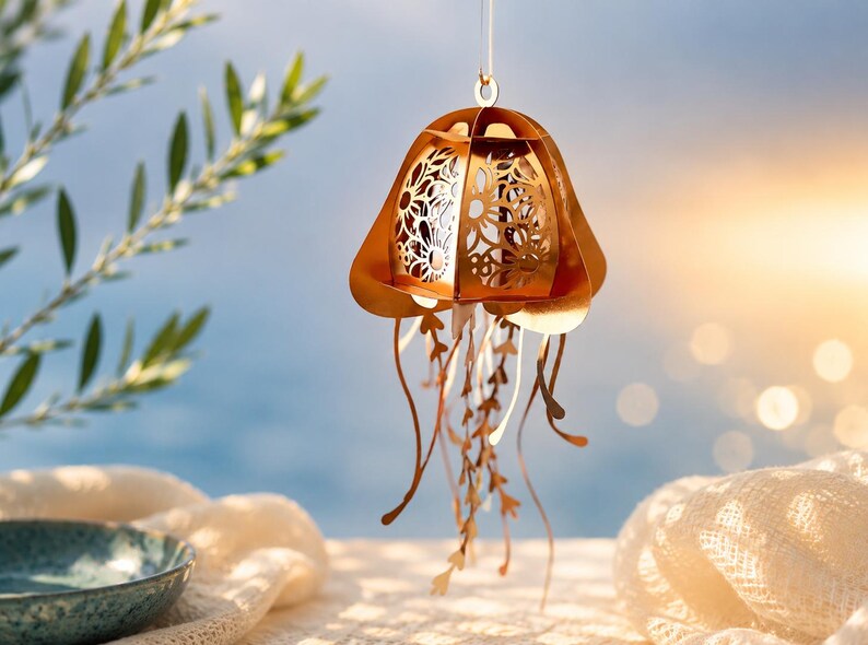 May include: A hanging ornament shaped like a jellyfish, constructed from metallic copper-colored material with intricate laser-cut floral patterns on the bell and multiple thin, dangling ribbon-like tentacles extending from the base.