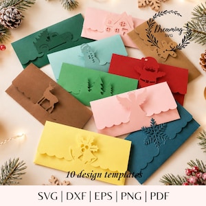 SVG-bundel voor kerstgeldhouders - Sjabloon voor cadeau-enveloppen met geschulpte rand - Cadeaubonhoesje voor de feestdagen, geschikt voor Cricut