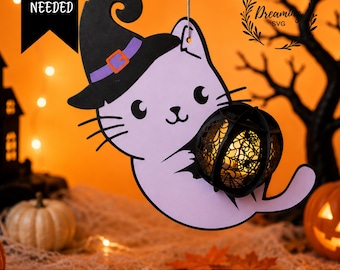 ハロウィン猫ランタンSVG - 3D子猫ペーパーカットライトボックステンプレート - CricutとSilhouette用の黒猫ランタンDIY - 不気味な猫の装飾