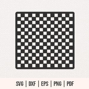 Puede incluir: Patrón de tablero de ajedrez en blanco y negro en forma cuadrada. El diseño es un tablero de ajedrez clásico, con cuadrados negros y blancos alternados. Debajo de la imagen están las opciones de tipo de archivo: SVG, DXF, EPS, PNG y PDF.