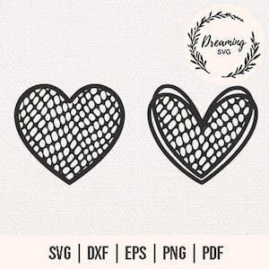 May include: Two black heart-shaped designs with a mesh pattern. One heart is a solid outline, and the other has a double outline. The image also includes the text "Dreaming SVG" in a circular design and file type options: SVG, DXF, EPS, PNG, and PDF.