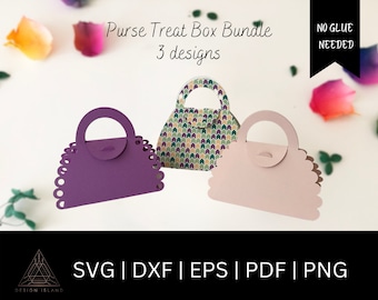 May include: Three different designs for a purse treat box. The boxes are made of paper and are designed to look like purses. The boxes are purple, pink, and patterned with green, yellow, and purple. The text "Purse Treat Box Bundle 3 designs" is at the top of the image. The text "NO GLUE NEEDED" is at the top right of the image. The text "SVG | DXF | EPS | PDF | PNG" is at the bottom of the image.