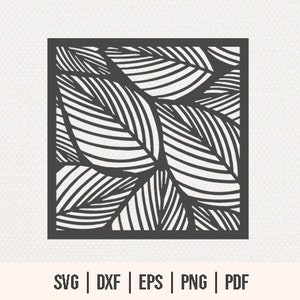 Może przedstawiać: Kwadratowy, ciemnoszary wzór z motywem liści. Liście mają szczegółowe żyłkowanie i są ułożone w nakładający się wzór. Obraz zawiera tekst "SVG | DXF | EPS | PNG | PDF" na dole.