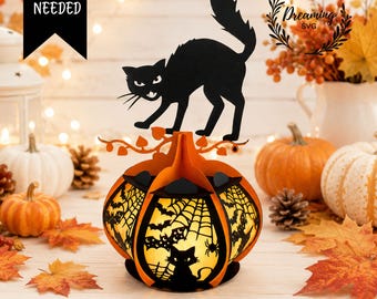 ハロウィン猫ランタンSVG - 怖い黒猫ランタンテンプレート - ハロウィン装飾用のDIYハロウィンペーパーランタン