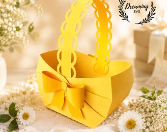 Cestino di carta 3D SVG - Scatola per dolcetti con fiocco, file di taglio per Cricut - Sacchetto per bomboniere di Pasqua - Sacchetto per bomboniere di matrimonio, download digitale