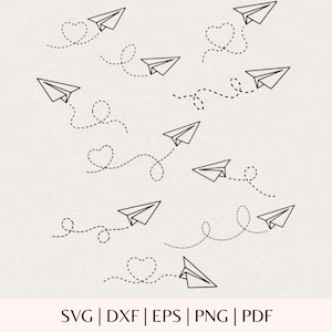 May include: A digital graphic featuring multiple black line art paper airplanes flying along dotted paths. Some paths form heart shapes. The text SVG | DXF | EPS | PNG | PDF is printed in black at the bottom of the image against a light background.