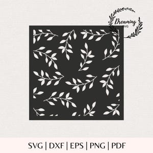 Puede incluir: Un archivo gráfico digital cuadrado que presenta un patrón repetitivo de ramas con hojas blancas sobre un fondo negro sólido. El diseño incluye el texto Dreaming SVG en la esquina superior derecha y SVG, DXF, EPS, PNG, PDF en la parte inferior.