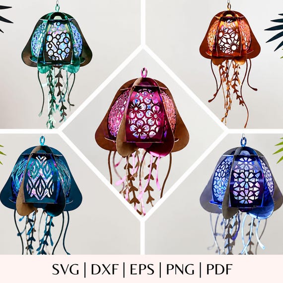 Jellyfish Lantern SVG Bundle - 3D Floral Paper Lantern Cut File - Ocean Shadow Box Lamp - DIY Summer Party Decor Cricut Silhouette Glowforge