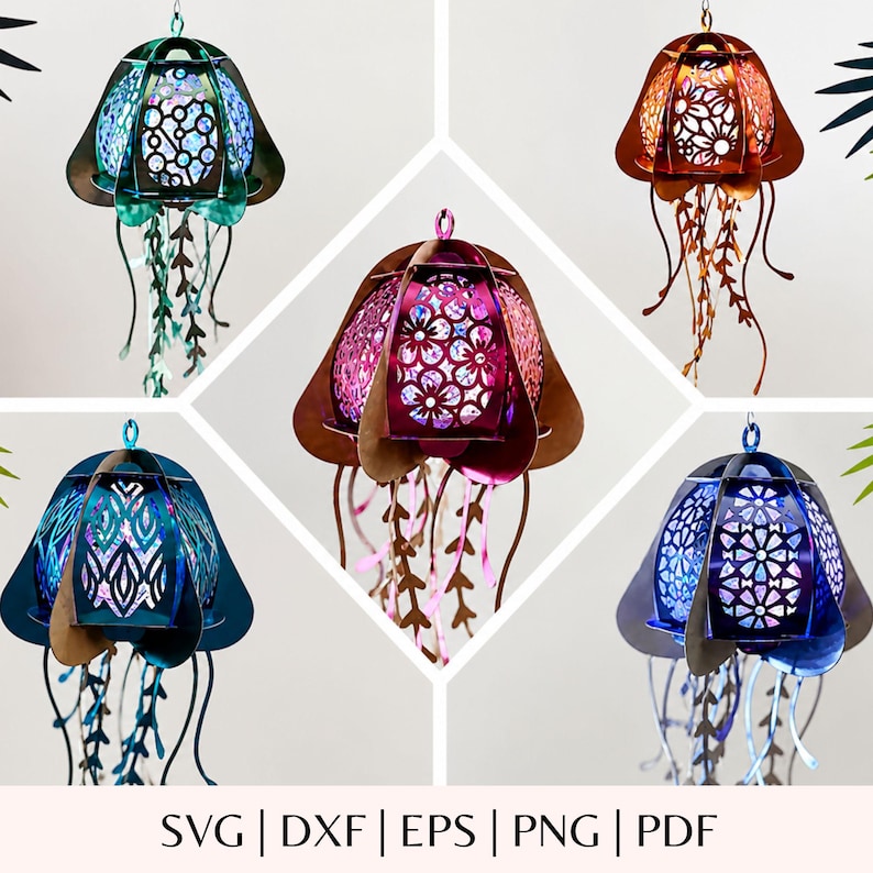 May include: Five hanging jellyfish ornaments in various colors including teal, copper, pink, blue, and purple. Each ornament features a laser-cut metal frame with intricate floral or geometric patterns and dangling metal tentacles. Text: SVG | DXF | EPS | PNG | PDF