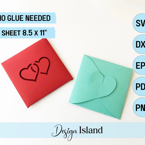 Heart Envelope Cut Files for Silhouette/ Cricut - No Glue Needed Envelope template - Heart Envelope SVG - Square Envelopes cut file template